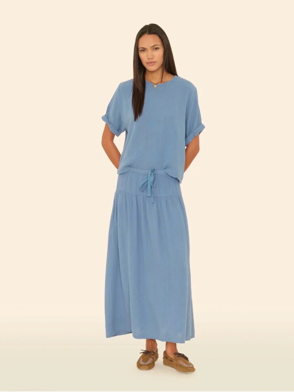 NWT Xirena Women's Skirt Blue Elastic Waist Cotton Gauze Knit Midi A-Line Size M